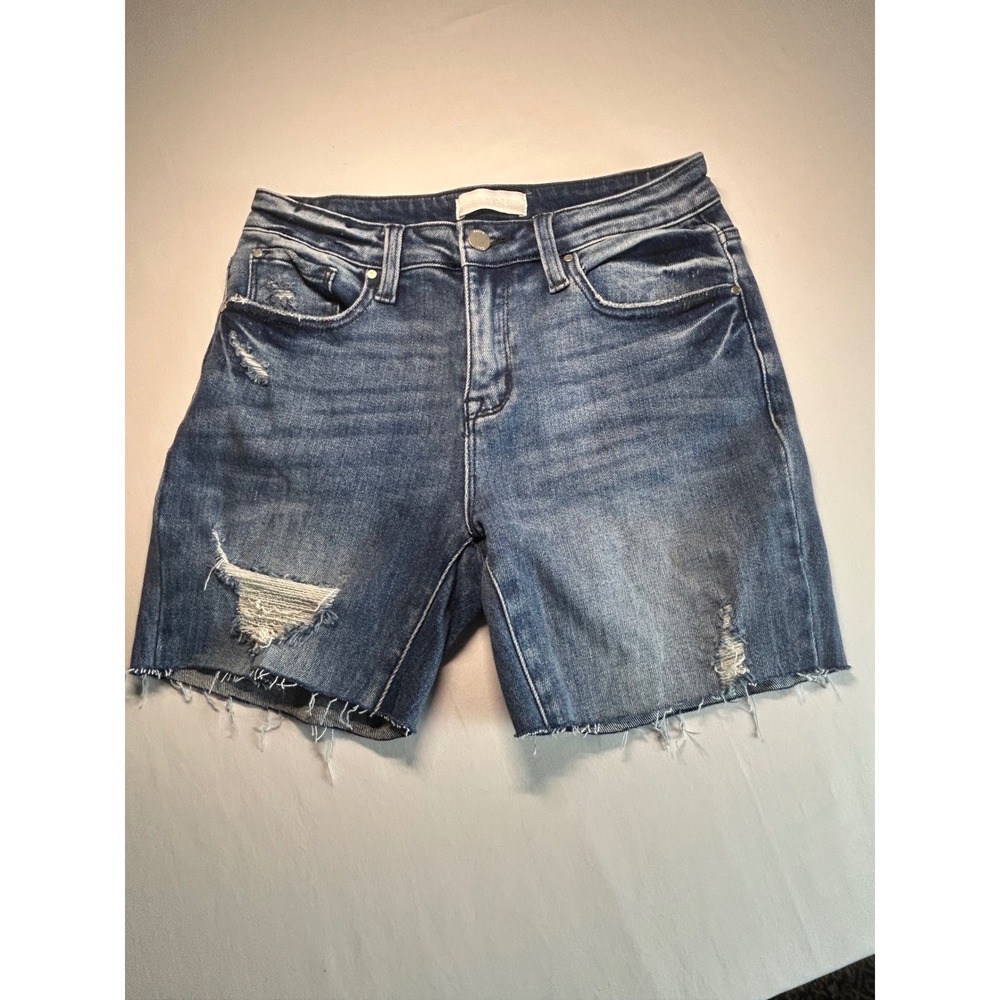 Petra 153 Bermuda Denim Shorts Women 27 Blue Distressed Raw Hem Mid Rise